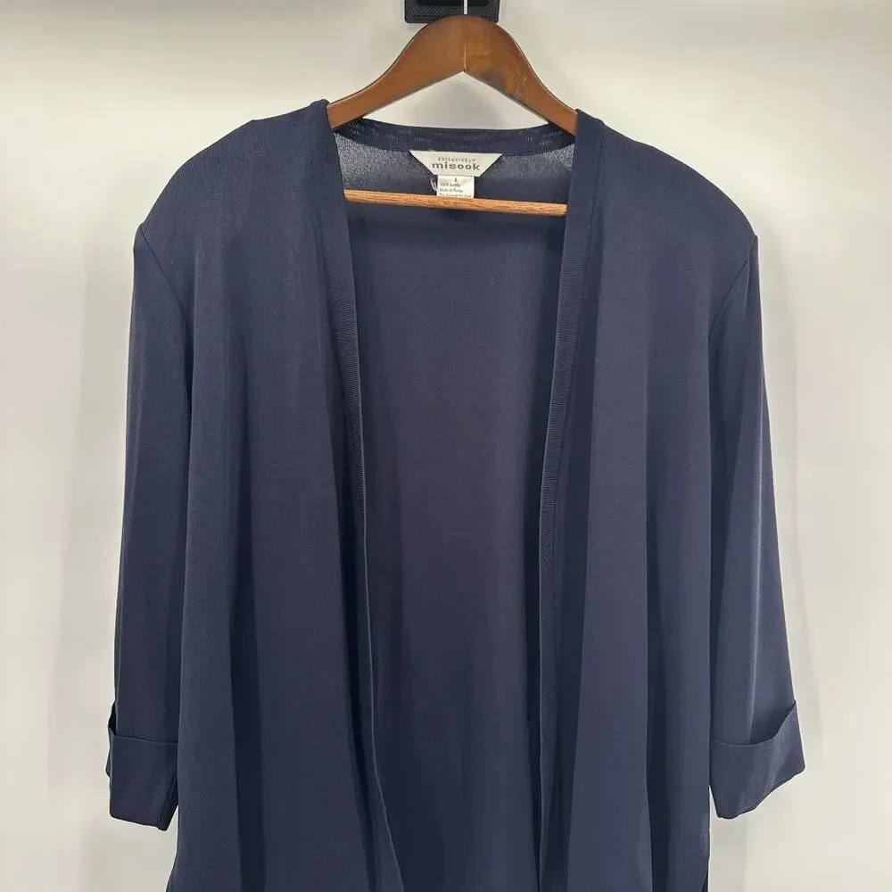 Misook Cardigan Sweater Womens Large Blue Navy Open Slinky Career‎ Church Jacket